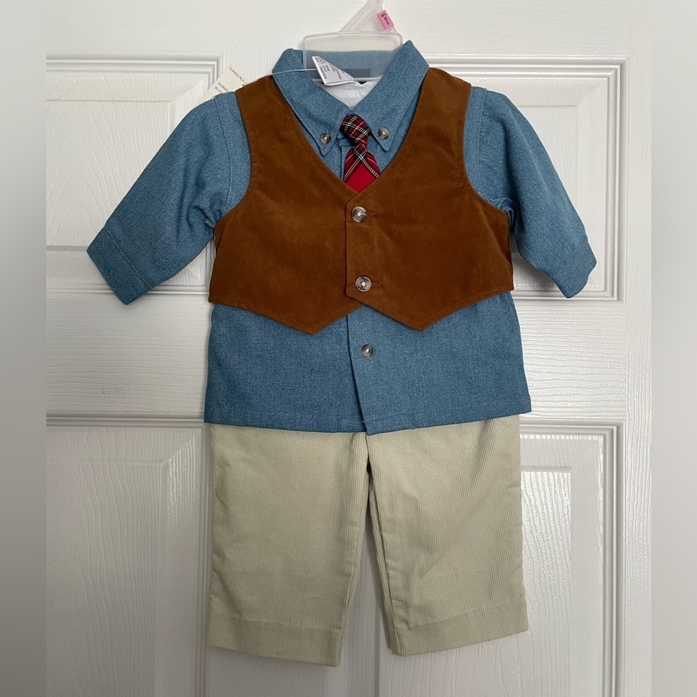 0-3 month set Kids Blue Shirt with Brown Vest and Beige Pants